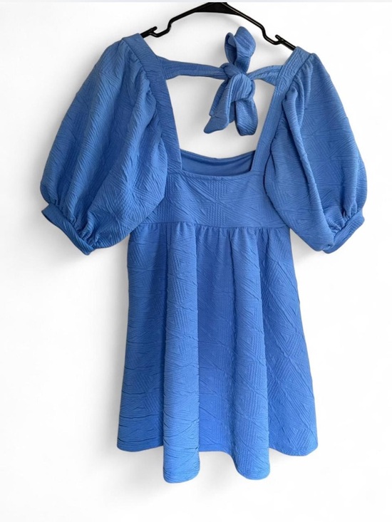 Free People Violet Blue Textured Puff Sleeve Babydoll Mini Dress - Picture 6 of 7
